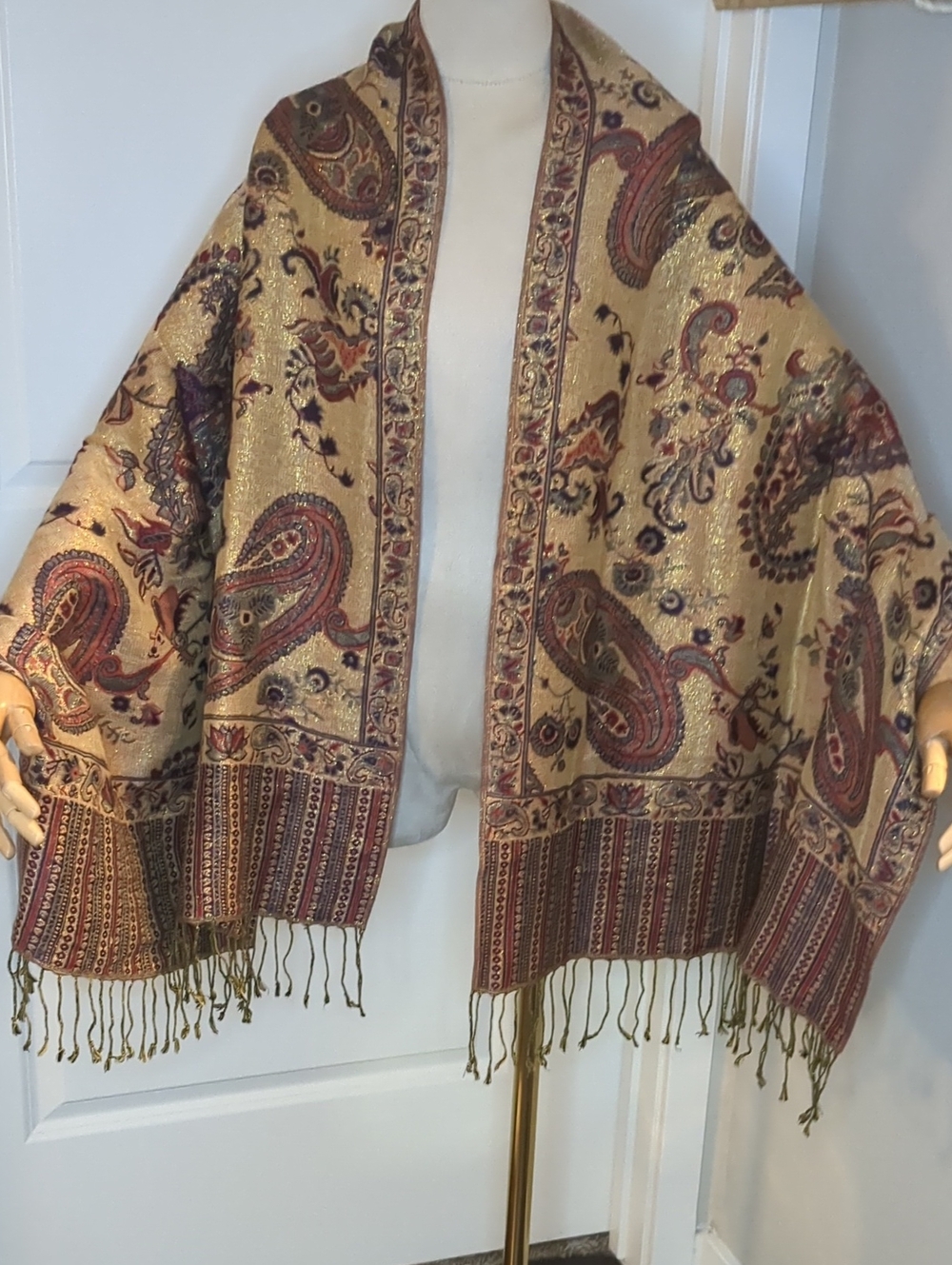 Silk Pashmina Scarf Paisley Black & Burgundy w/ Gold Threading Fringe Edges
